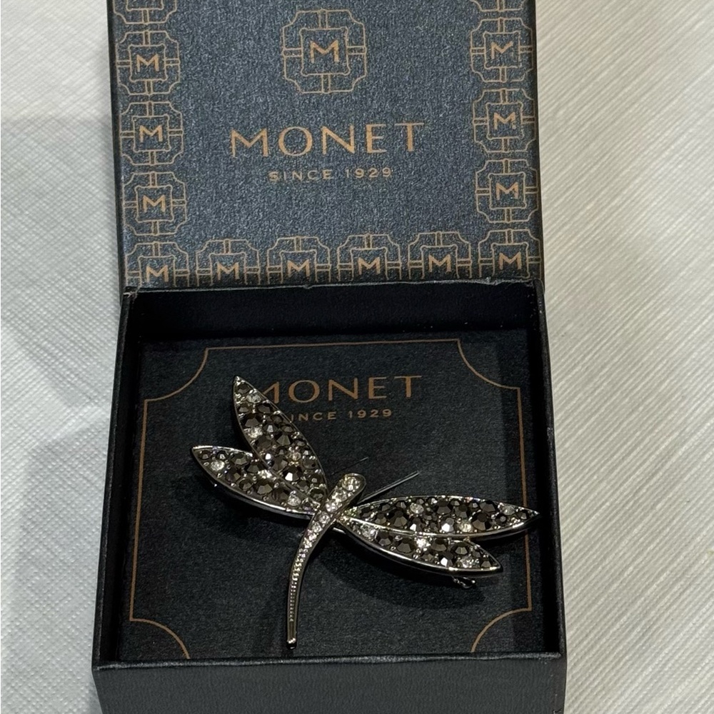 Monet Black and Silver Dragonfly Brooch